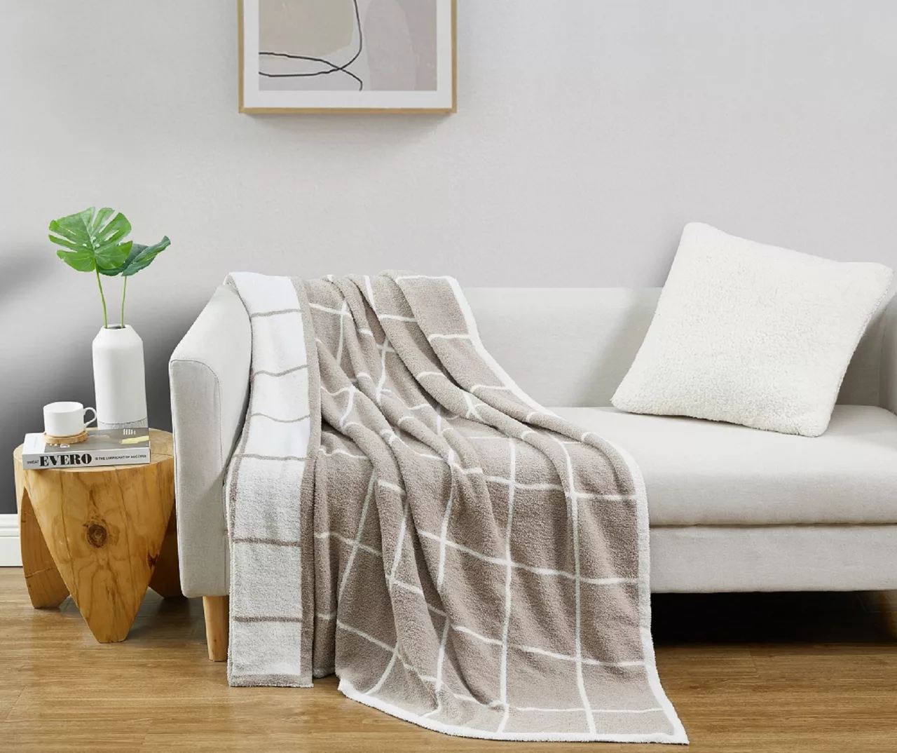 Tan & Cream Grid Reversible Knit Throw, (50" X 60") 2 Tan & Cream Grid Reversible Knit Throw, (50" X 60") - Image 2