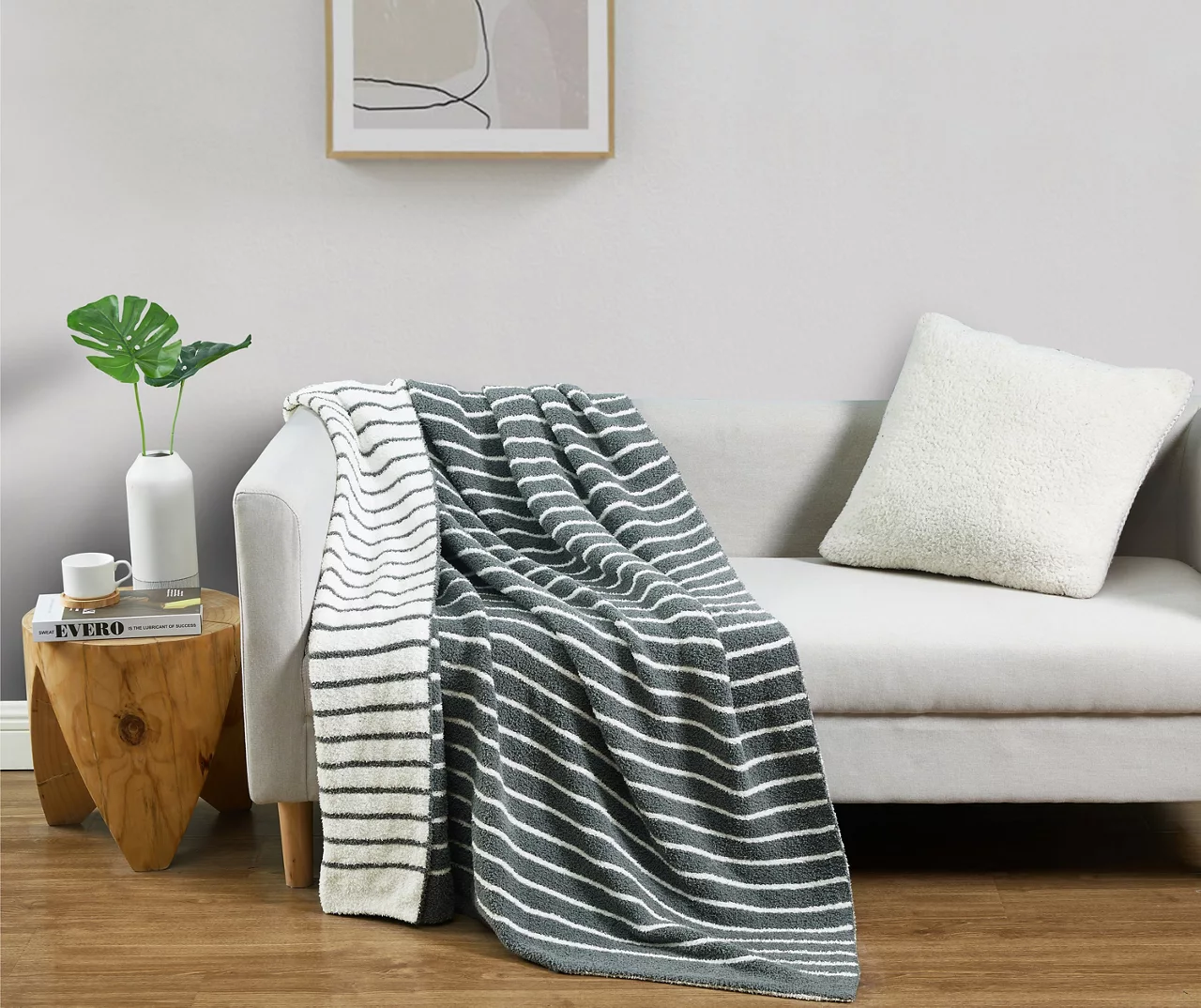 Gray & White Stripe Reversible Knit Throw, (50" X 60") 2 Gray & White Stripe Reversible Knit Throw, (50" X 60") - Image 2