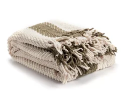 Olive & Ivory Herringbone Stripe Throw, (50" X 60")
