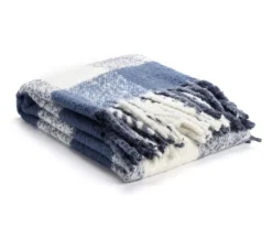 Navy & White Plaid Fringe-Trim Throw, (50" X 60")